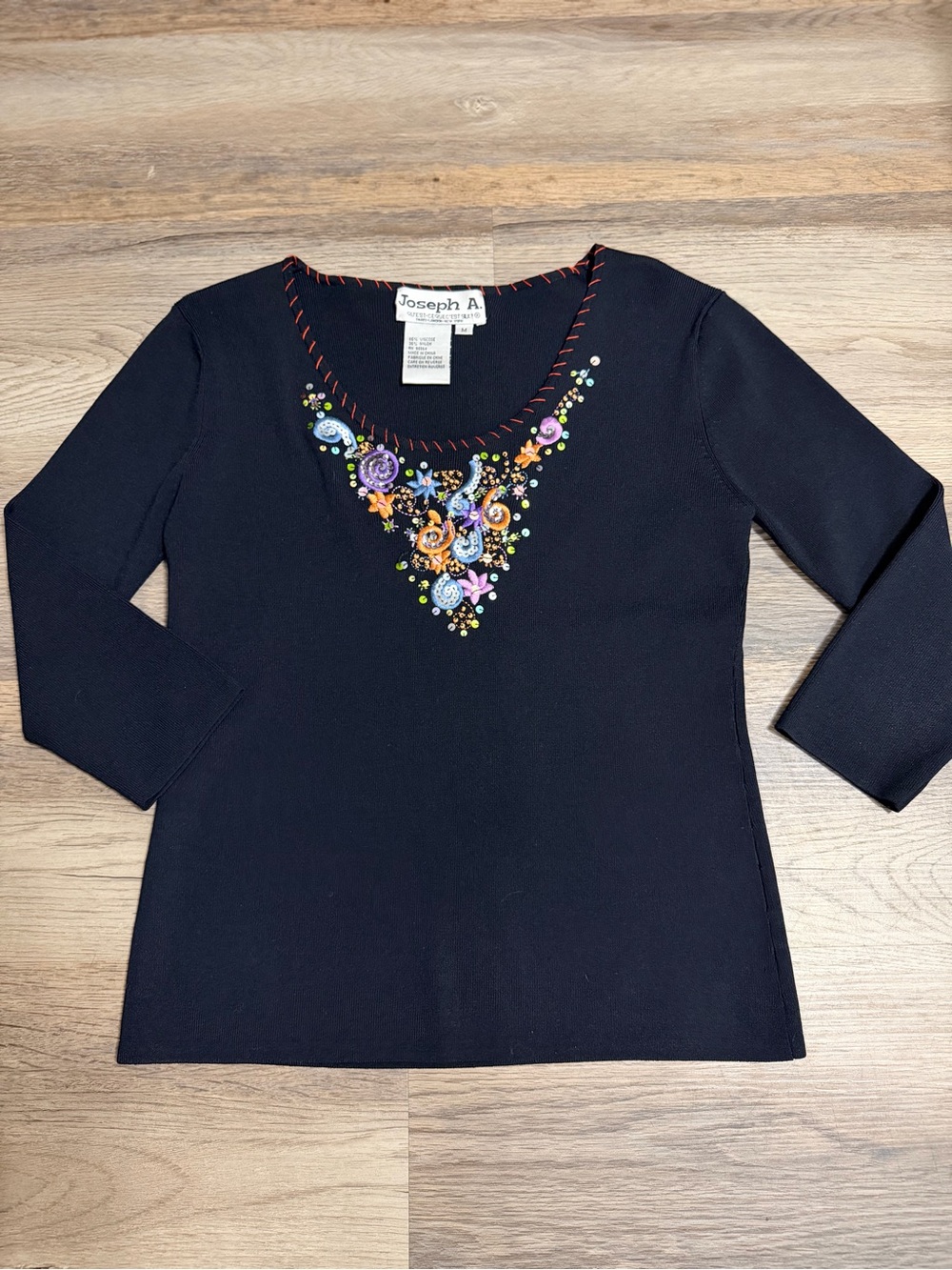 Joseph Black Long Sleeve Scoop Top with Multicolor Floral Appliqué